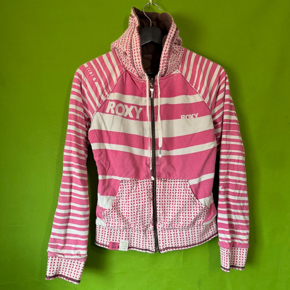 SM Y2K Vintage Roxy Reversible Full Zip Hoodie Pink White Striped Brown Floral
